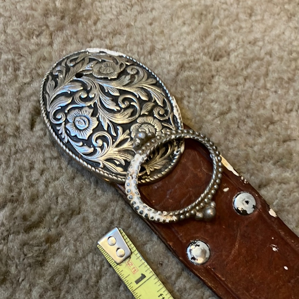 Vintage leather belt with buckle scroll leaf design.Leather & buckle need repair